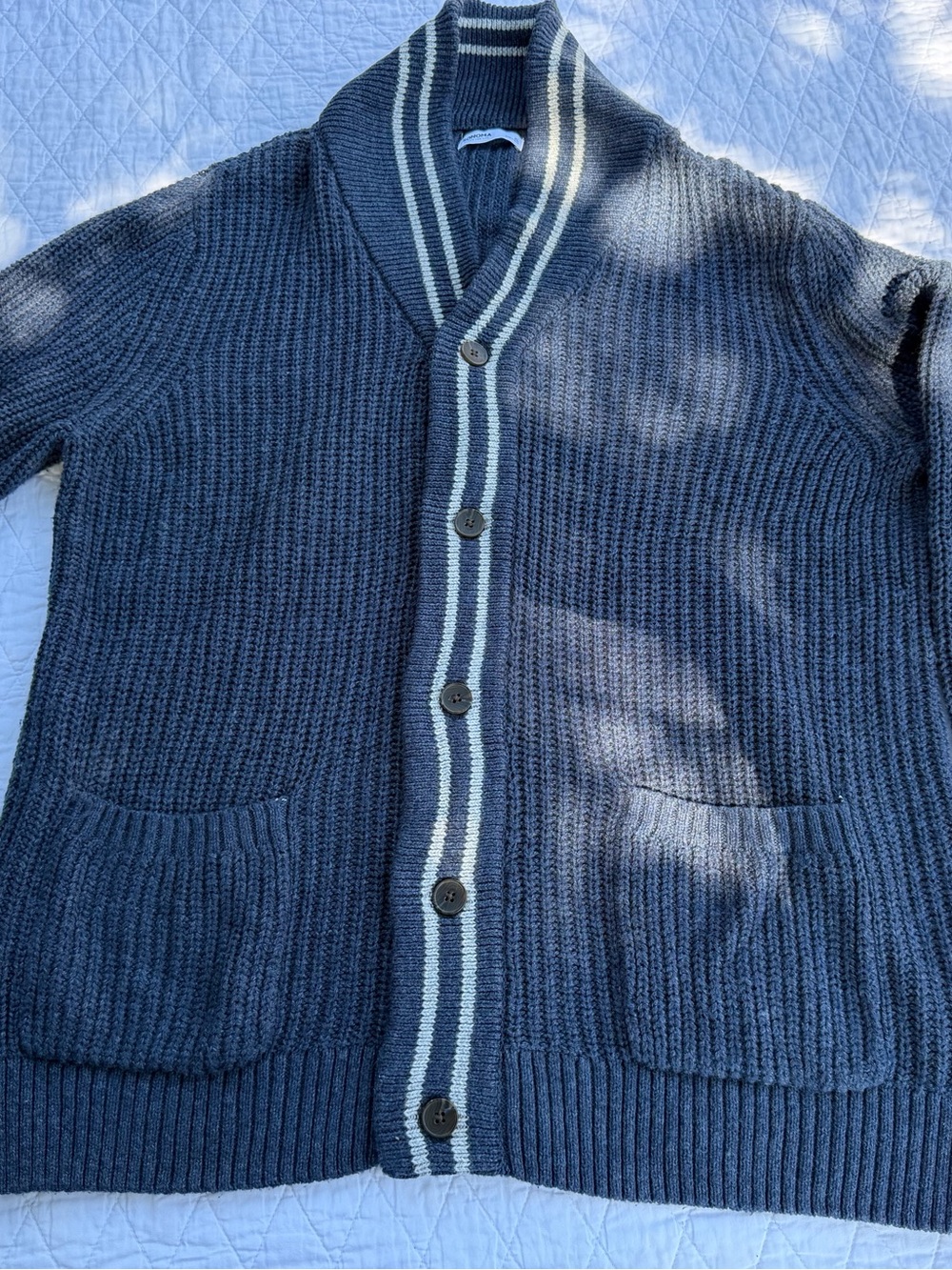 Sonoma Men's Navy Cardigan with Cream Stripe Trim